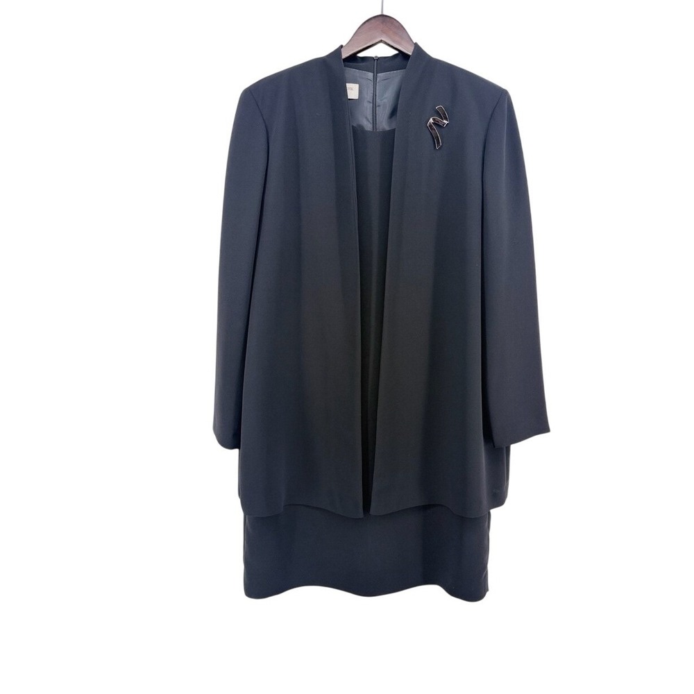 Jones New York Dress Womens 12 Black 2 Piece Sheath Dress & Duster Jacket Brooch